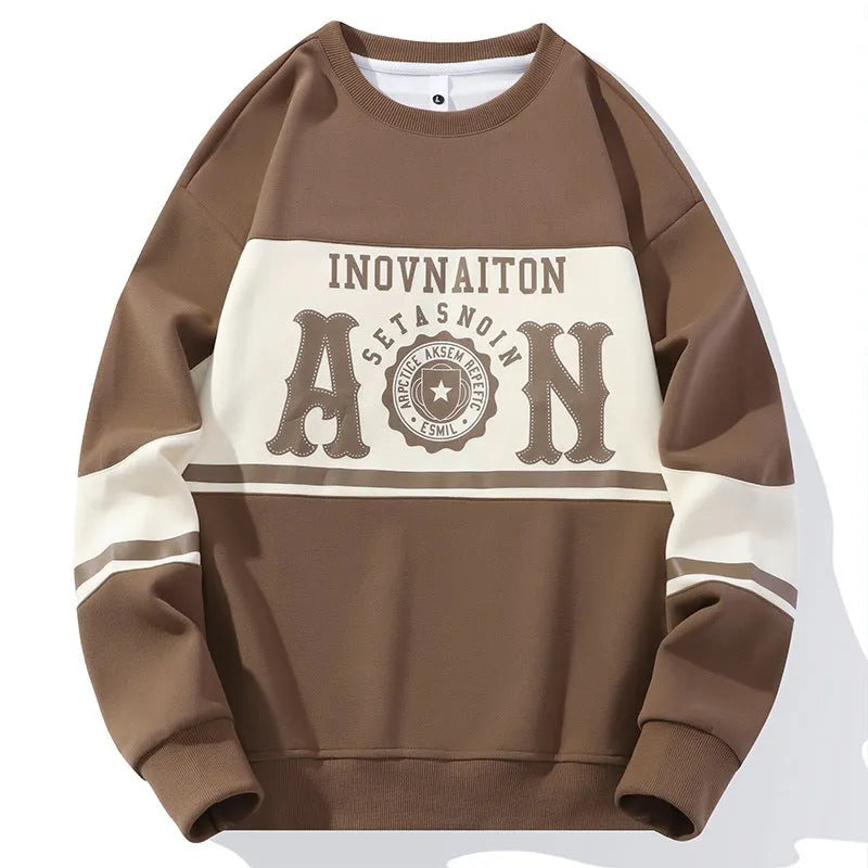 Men's fashion print crew neck sweatshirt in polyester fibre, black, beige, green, coffee colours, sizes M to 4XL