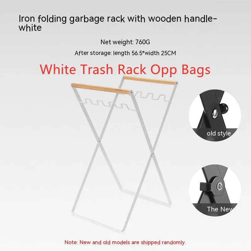 Wooden handle wrought iron folding garbage storage hanger with height adjustment mechanism