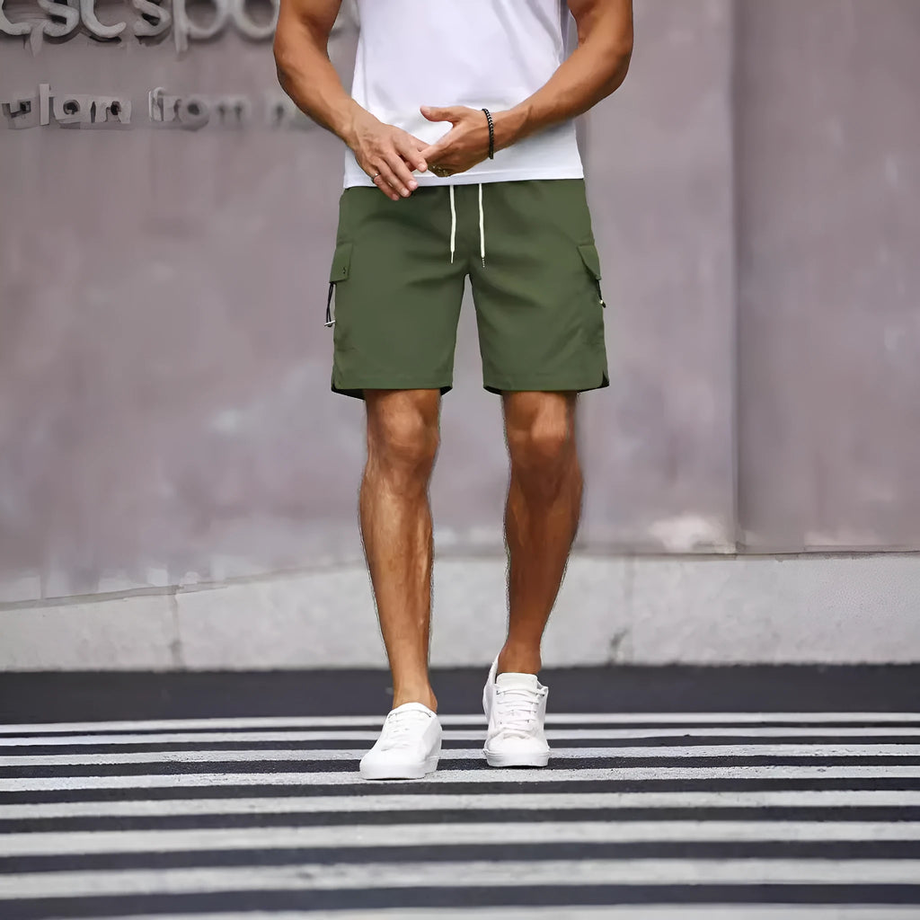Men's loose straight-leg workwear shorts in fluorescent green or army green colours