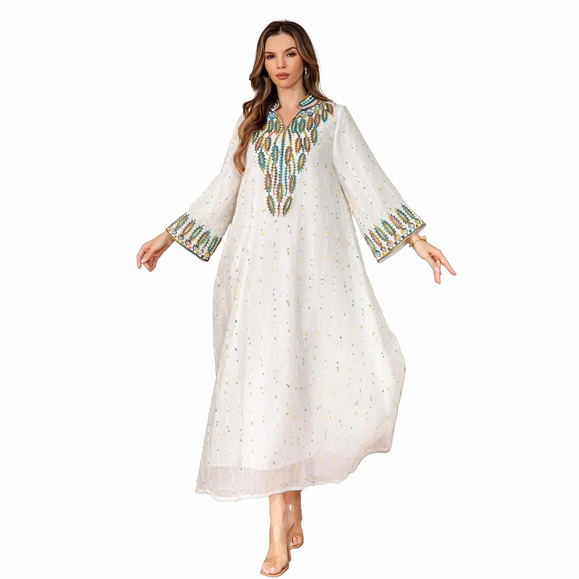 White floor-length Arabic robe for women with long sleeves, made from polyester fabric.