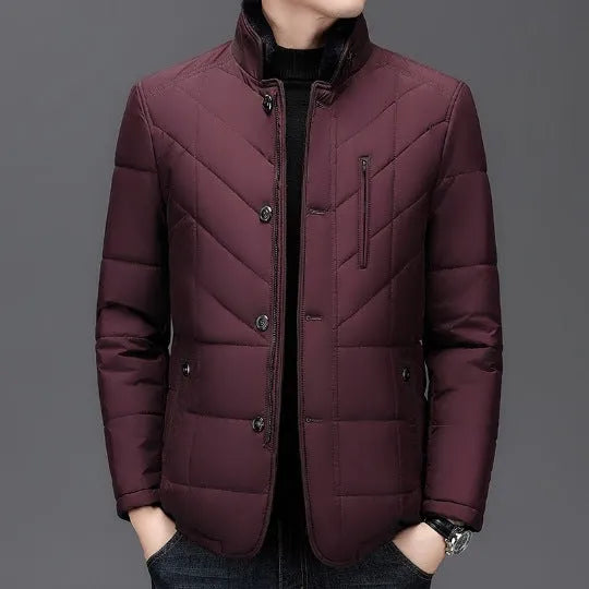 Men's solid colour short winter coat with side pockets, shown in dark blue, wine red, or dark green.
