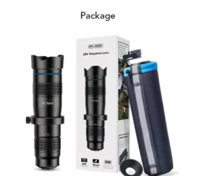Black 36x optical zoom monocular lens attached to smartphone on adjustable tripod for outdoor photography
