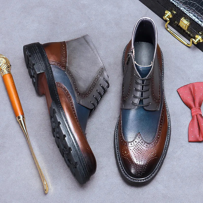 Men's curry blue leather brogue boots with carved detailing and colour blocking