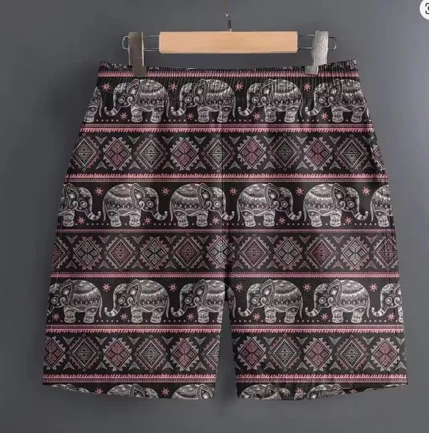 Men's casual polyester shorts in various patterns with Asian sizing from S to 5XL