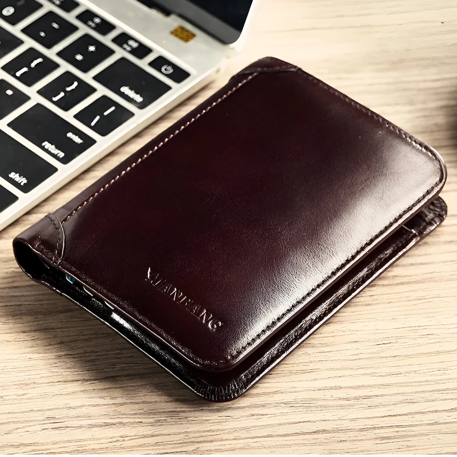 Men's leather wallet showing internal organisation compartments for cards, cash and coins