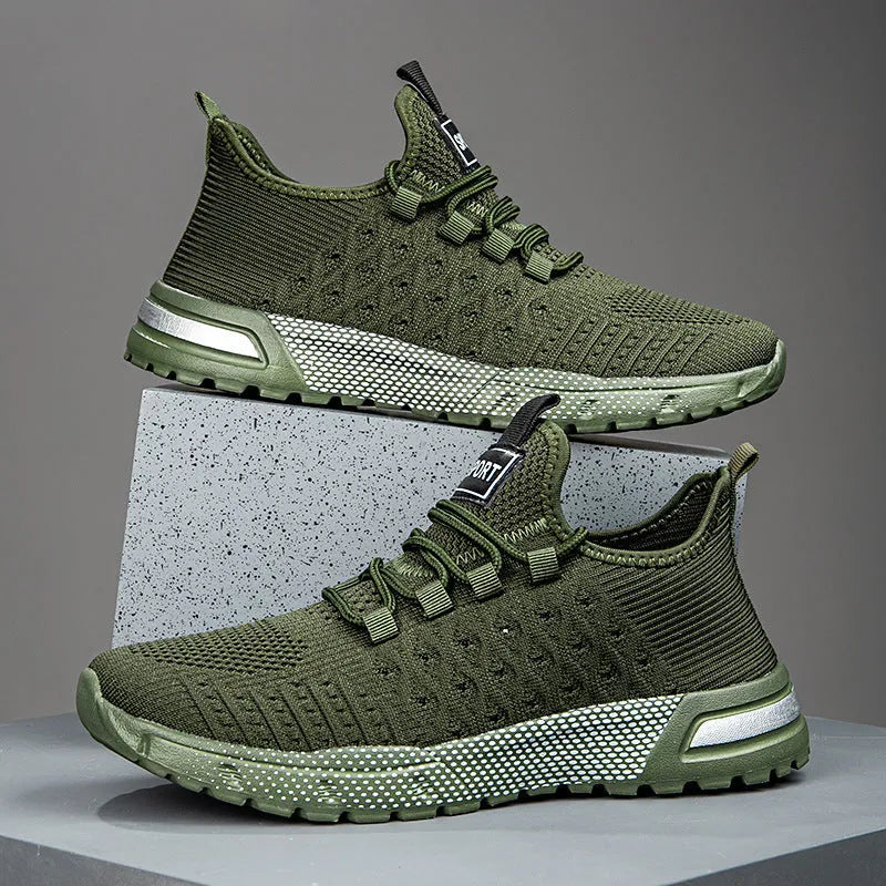 Men's mesh casual shoes in Army Green colour showing solid pattern design and casual styling