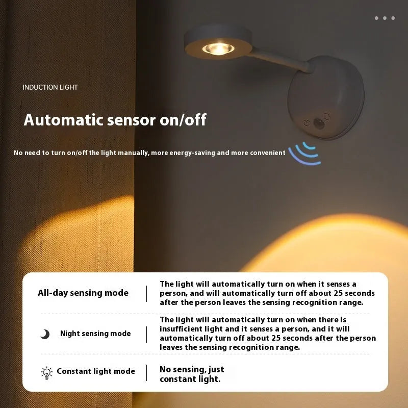 Modern geometric rechargeable wireless wall spotlight lamp in black on a white wall.