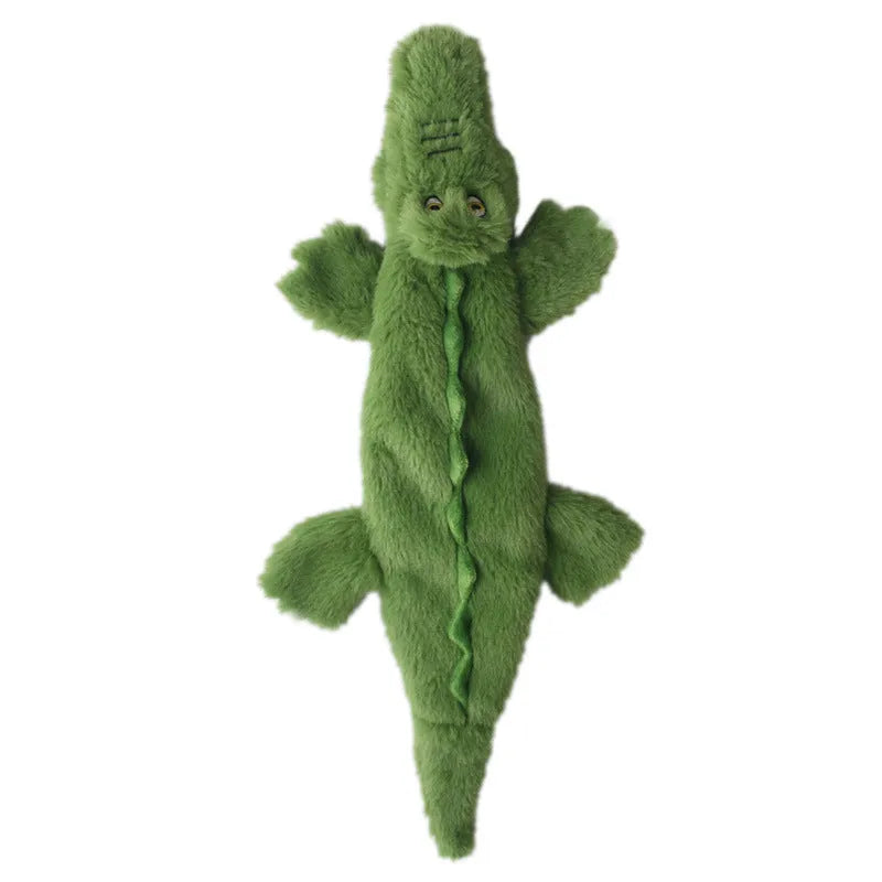 Green plush crocodile dog toy with no stuffing, for aggressive chewers.