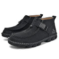 Handmade casual slip-on shoes in black, brown, or green with a flat heel and stitched sole.