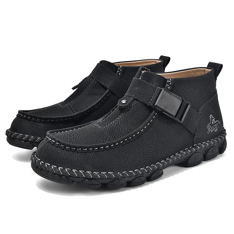 Handmade casual slip-on shoes in black, brown, or green with a flat heel and stitched sole.