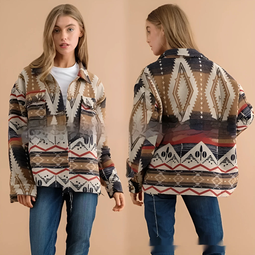 Women's loose-fit aztec print retro coat in army green, made from wool blend fabric.