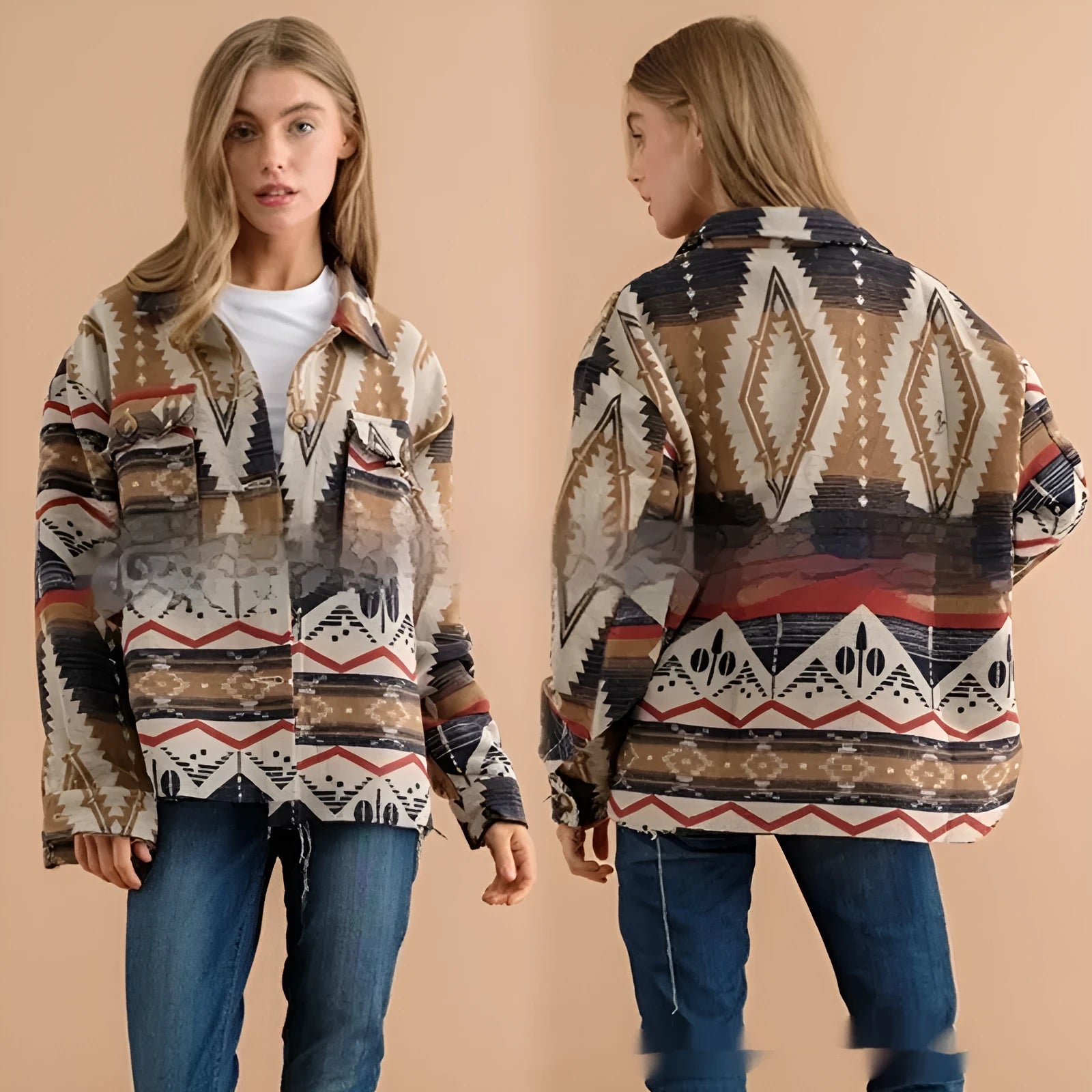 Women's loose-fit aztec print retro coat in army green, made from wool blend fabric.
