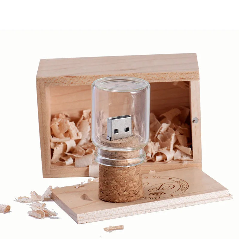 Personalised wooden USB flash drive in drift bottle storage disk shape with chocolate wood finish
