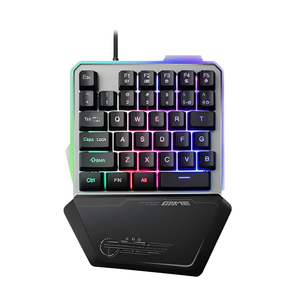 Black robotic one-handed keyboard with RGB backlighting and mechanical switches