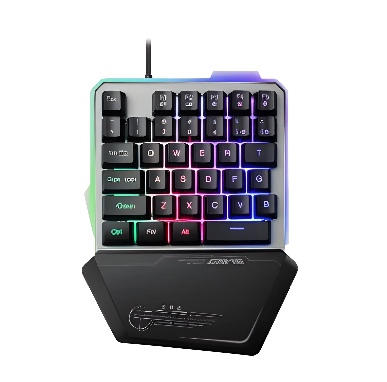 Black robotic one-handed keyboard with RGB backlighting and mechanical switches