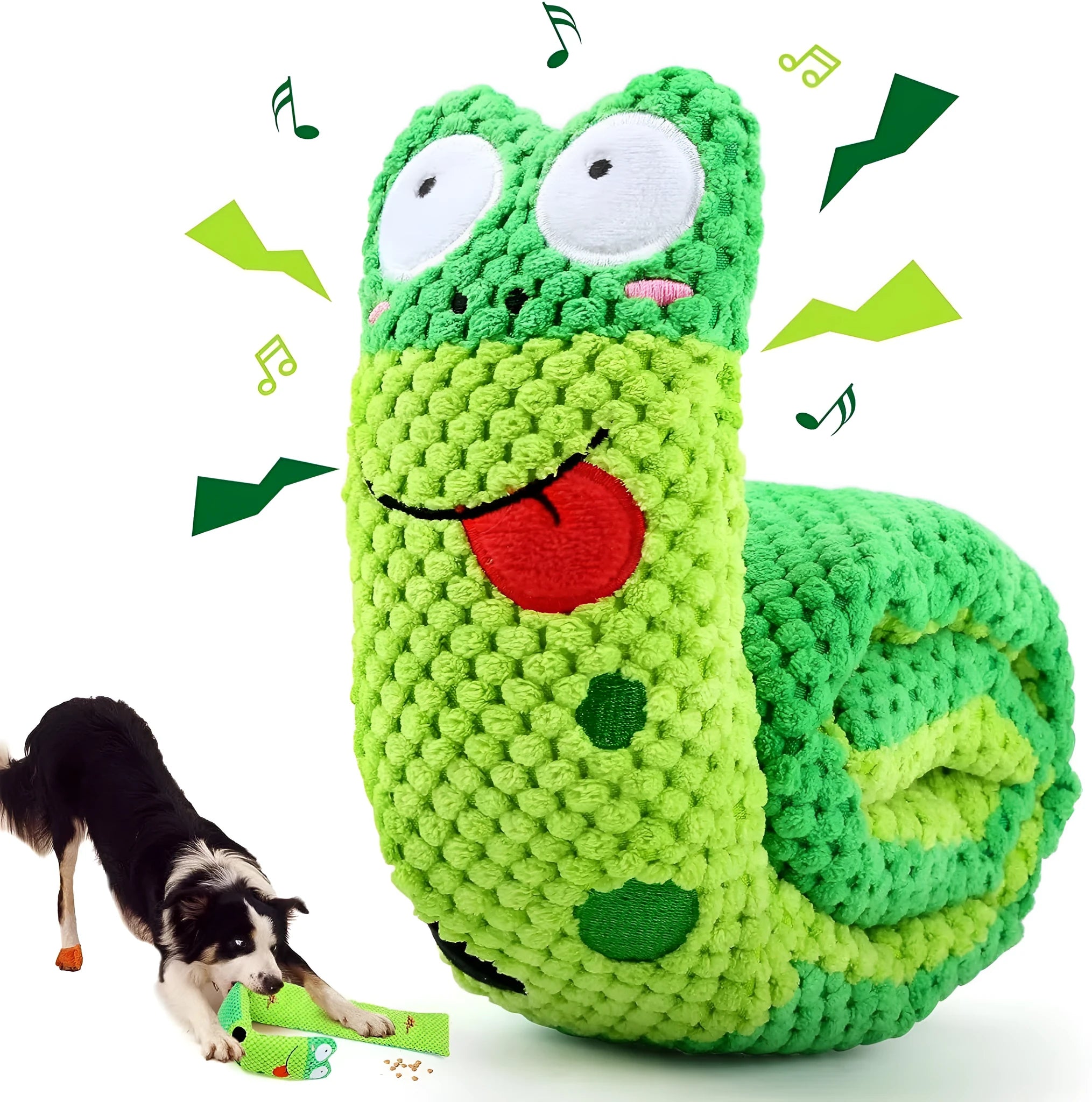 Reversible velvet dog toy shaped like a snail or stick with hidden food holes for foraging training.