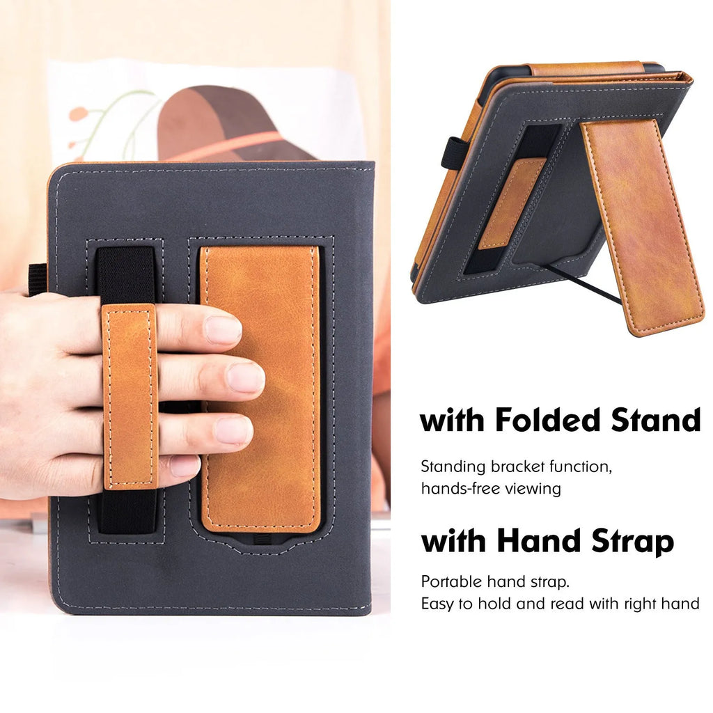 Kindle Paperwhite 5 calf leather case with wrist splint bracket in black
