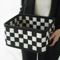 Grey checkerboard woven felt storage box with folded sides, showing 37cm length and 19.5cm height.