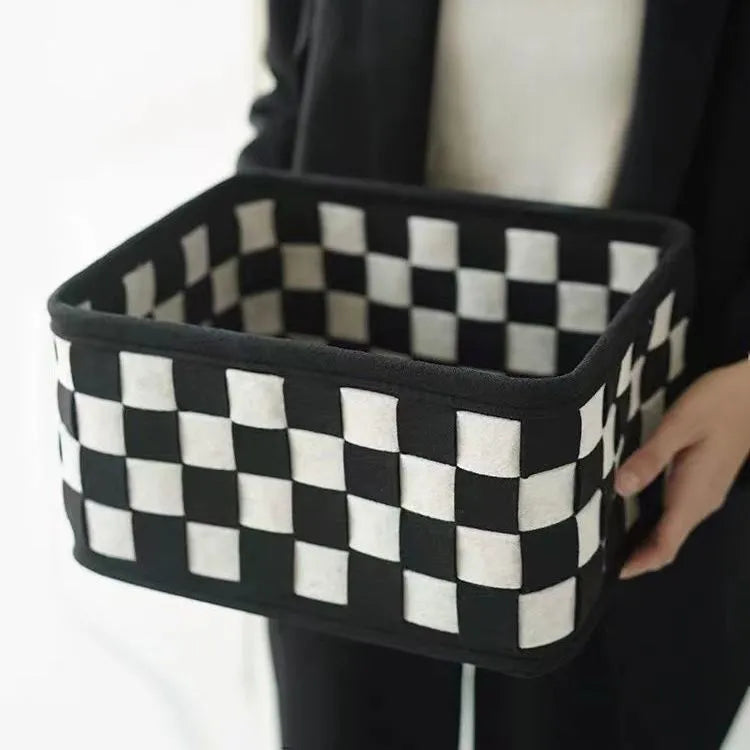 Grey checkerboard woven felt storage box with folded sides, showing 37cm length and 19.5cm height.