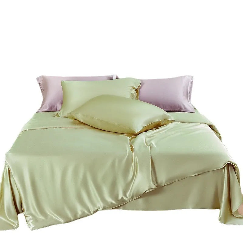 Silk double-sided duvet cover in solid colours Lotus Pink, pea green, bright brown, mysterious purple, white, and silver blue.