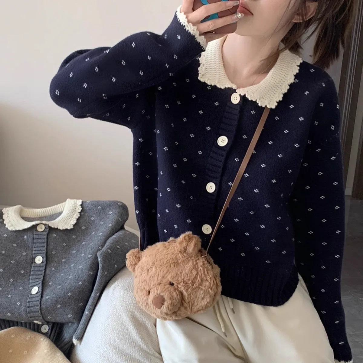 Retro Peter Pan collar floral pattern knitted cardigan coat in navy blue, apricot, grey.