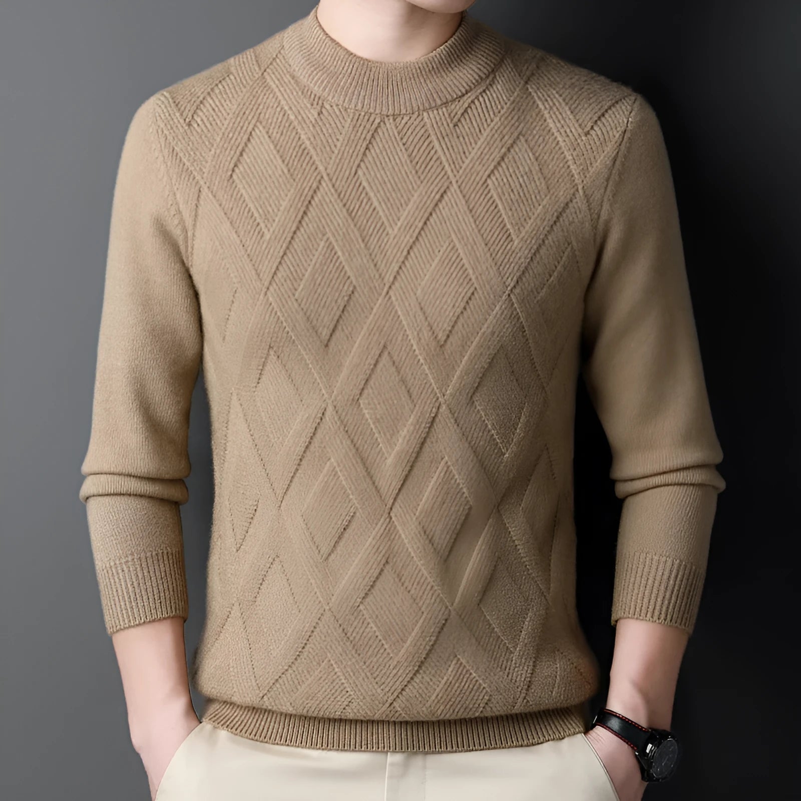 Men's thick winter wool blend pullover sweater with diamond jacquard pattern in a plus size fit.