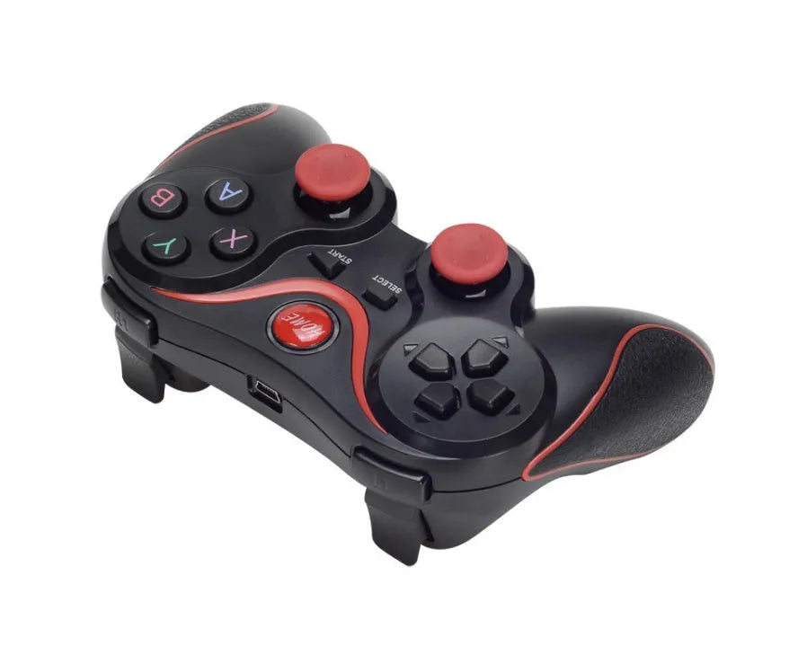 Black X3 Bluetooth wireless game controller with attached phone clip for Android smartphones