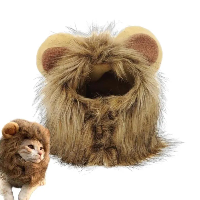 Lion mane wig costume accessory on cat with soft artificial hair and plush ears
