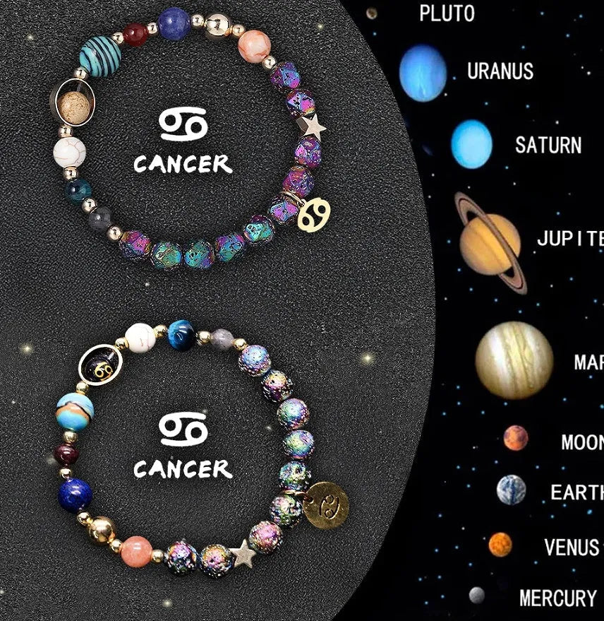 Two natural stone beaded bracelets laid out, each featuring designs for different zodiac signs.
