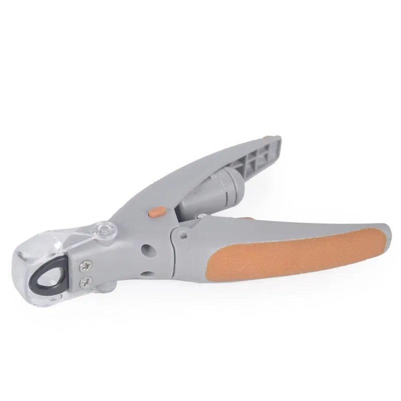 Dog nail trimmer with LED light and blood line indicator showing ABS plastic construction
