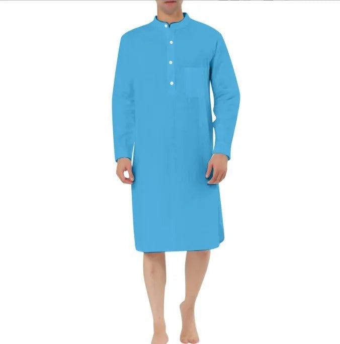 Men's simple cotton shirt robe with pocket available in white black and blue sizes S to XXL