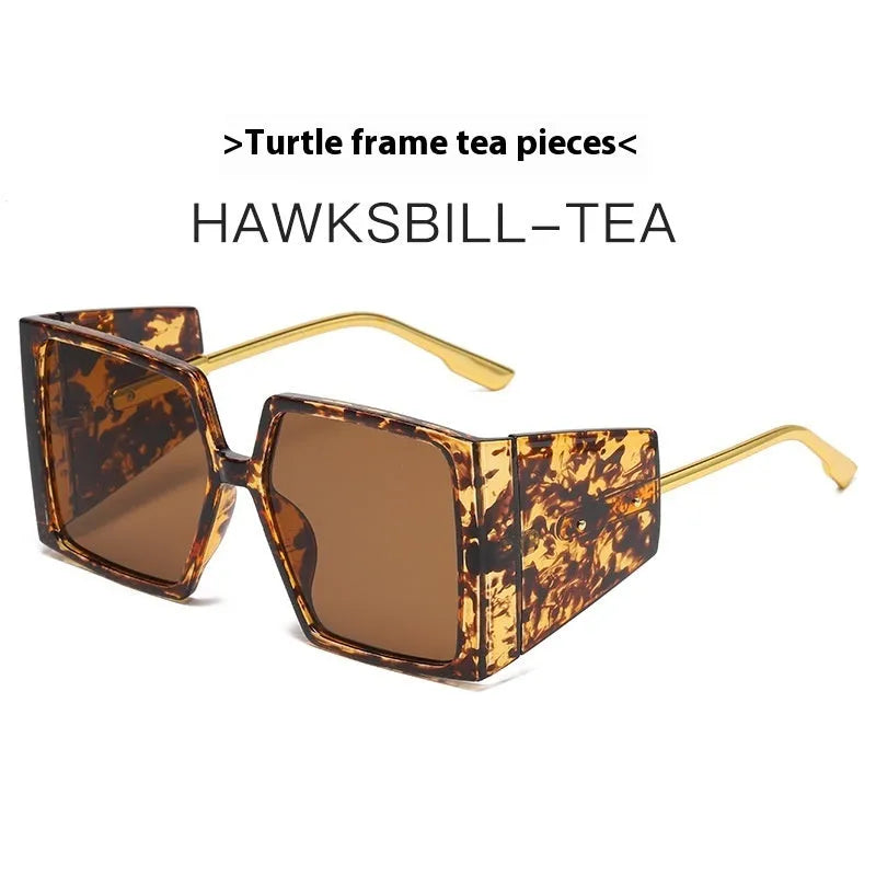 Large square frame metal sunglasses showing available colour options on an adult face.
