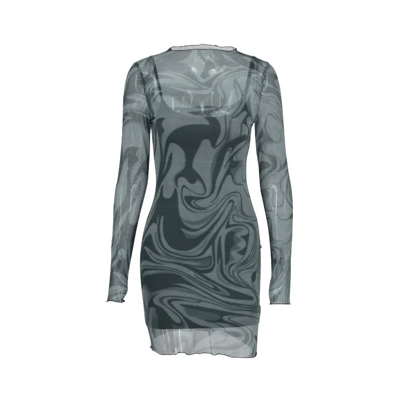 Women black mesh halter print bodycon dress two-piece set with long sleeves