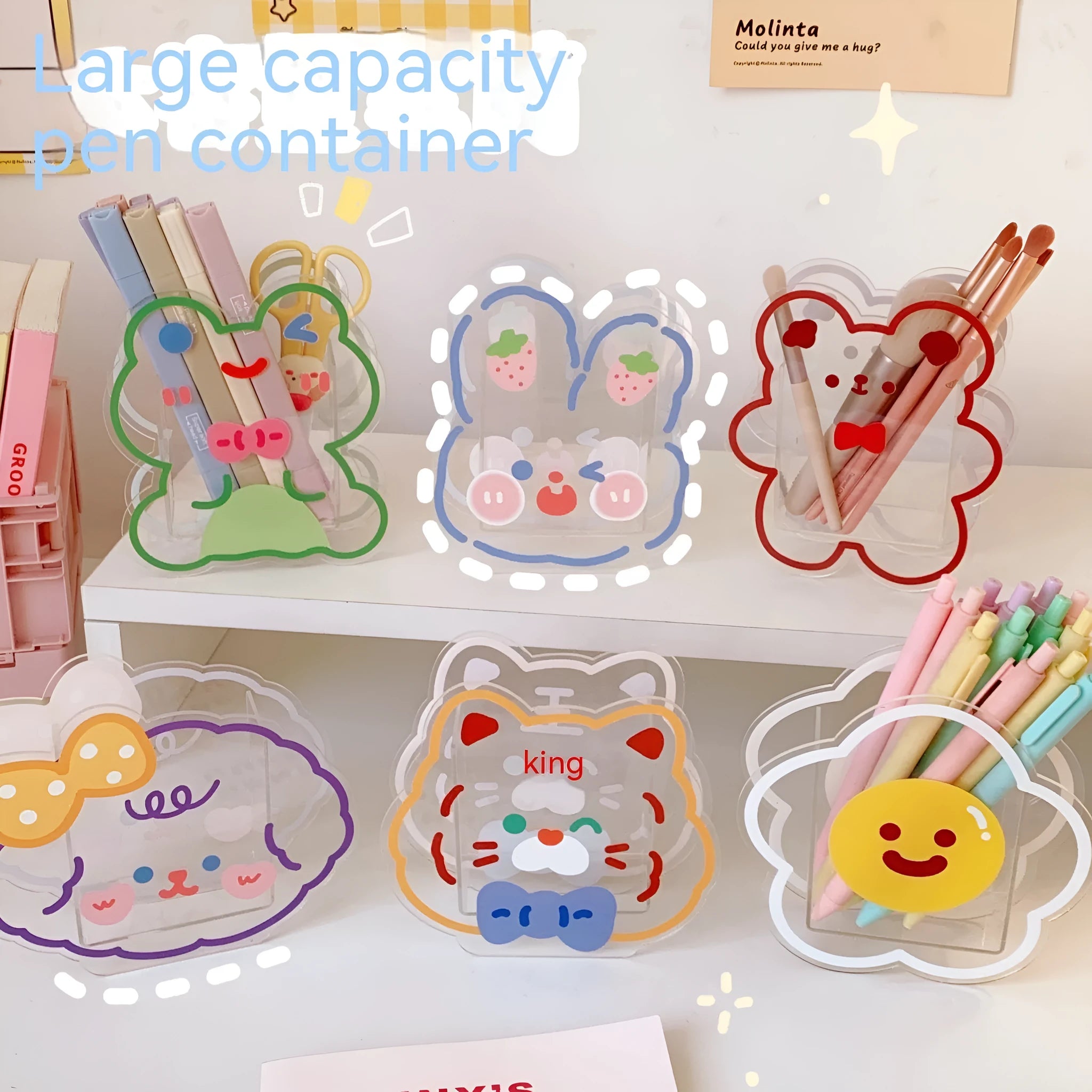 Square clear acrylic storage box with colourful character designs for pens and stationery