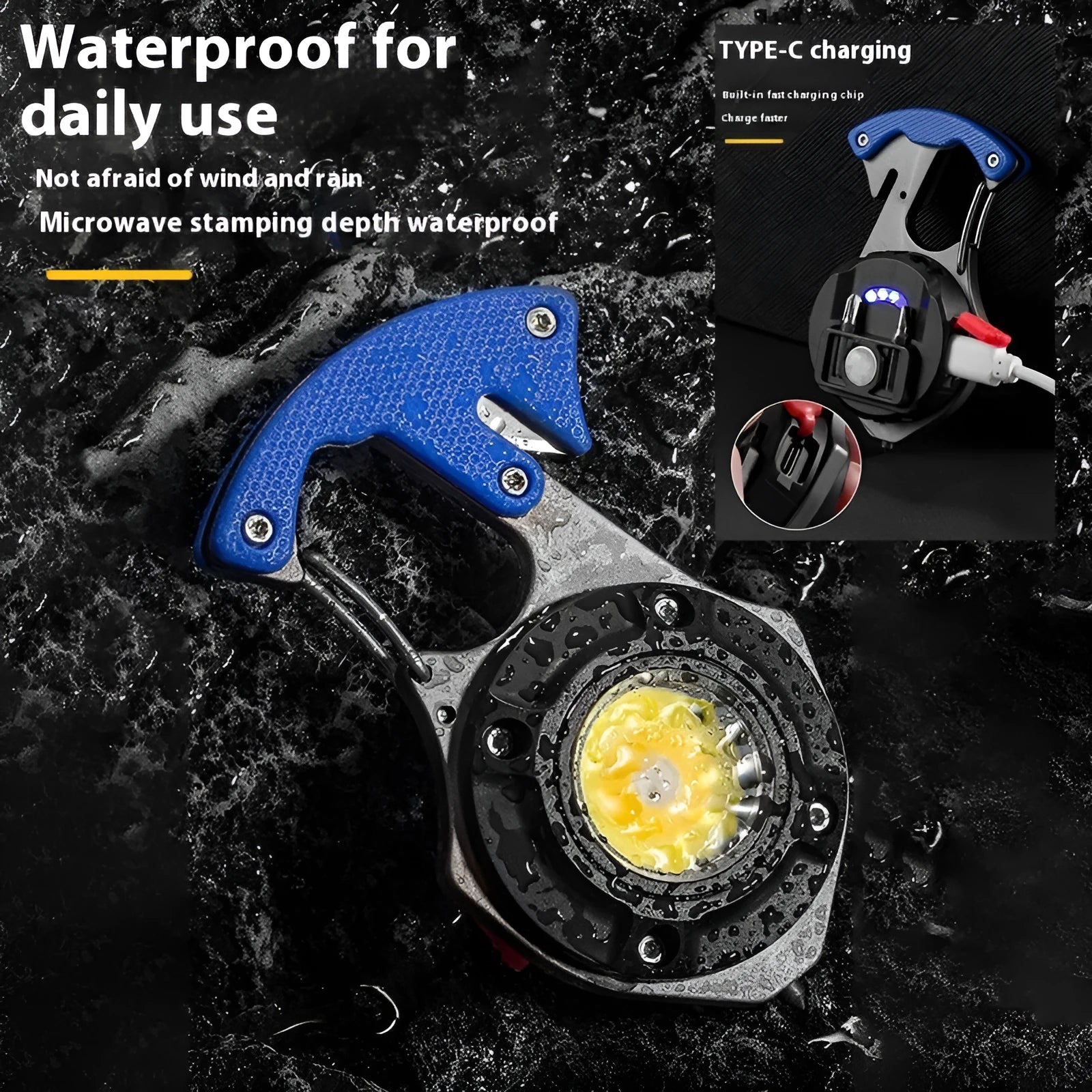Compact silver and black multifunctional keychain flashlight with keyring, display screen, window breaker, and screwdriver.