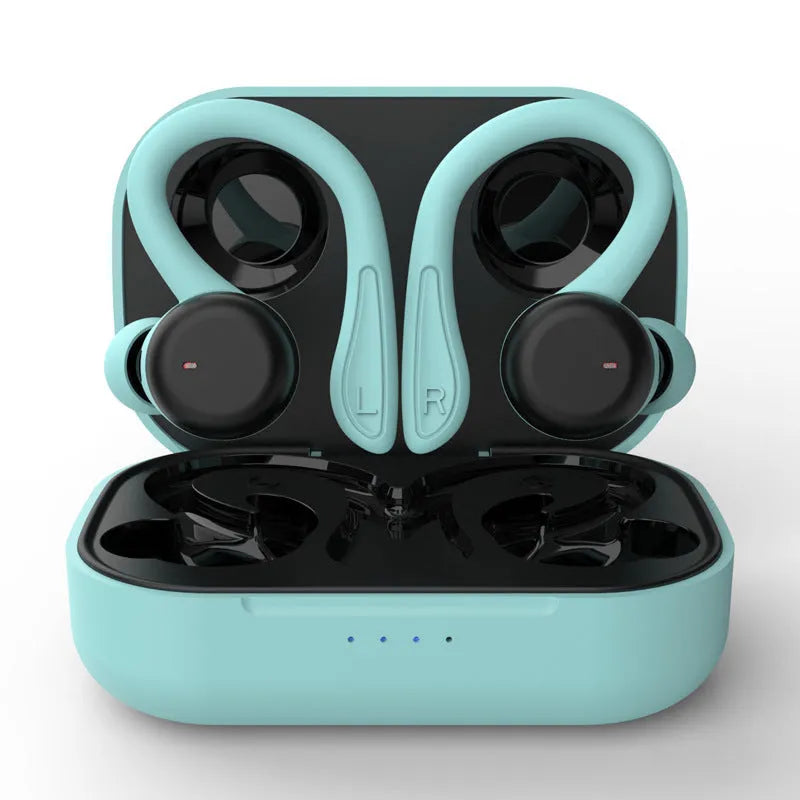True wireless sports headphones with active noise cancelling shown in black, with removable ear hooks and multiple earbud sizes.