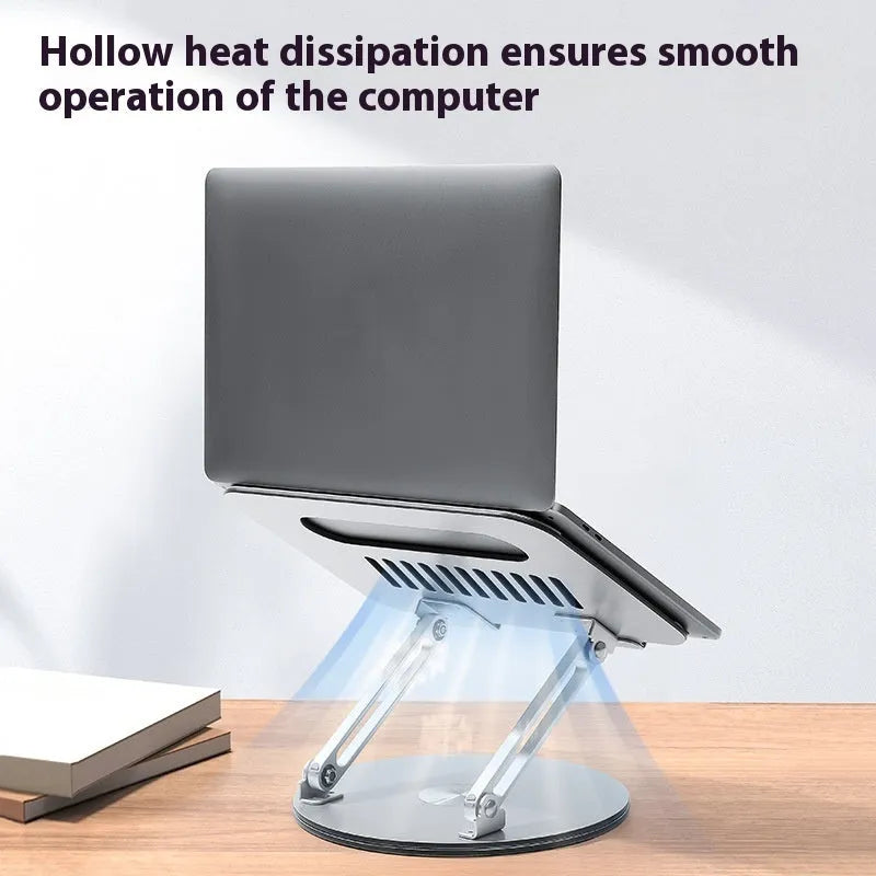 Silver aluminium alloy laptop stand showing rotatable platform and foldable legs