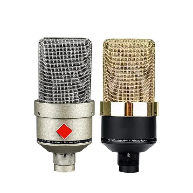Wired condenser microphone with stand in champagne gold or black gold finish for vocal recording