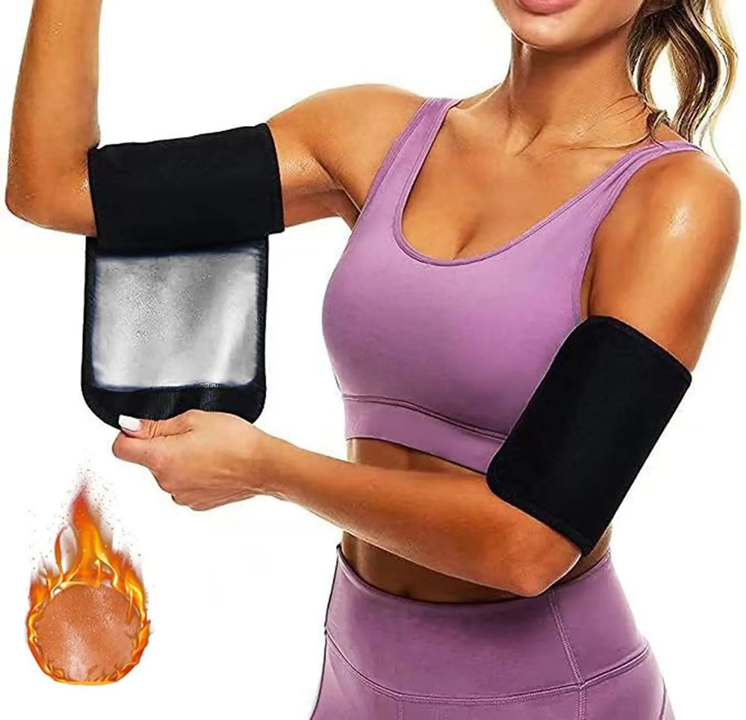 Blue and silver sports arm sweatband shown on an arm, with packaging showing black and red colour option.