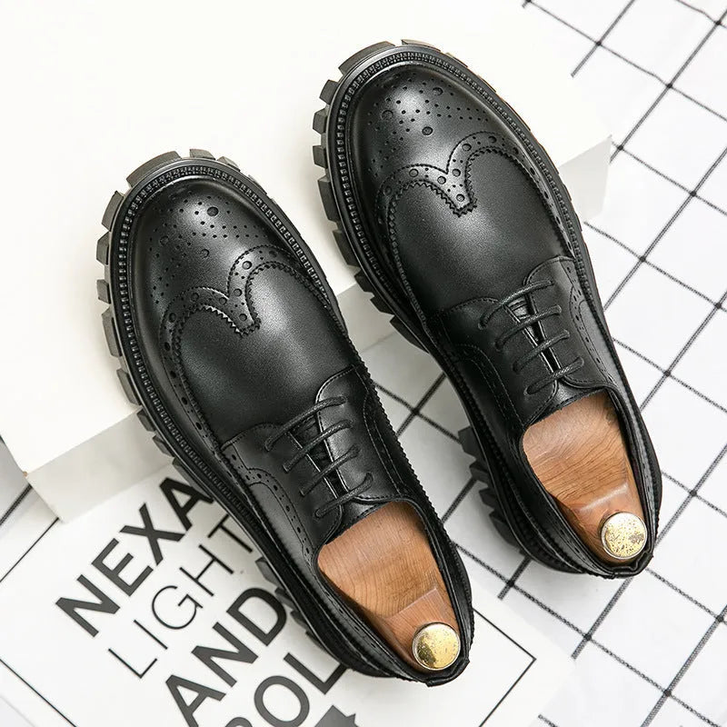 Men's black brogue shoes with round toe design and artificial PU upper
