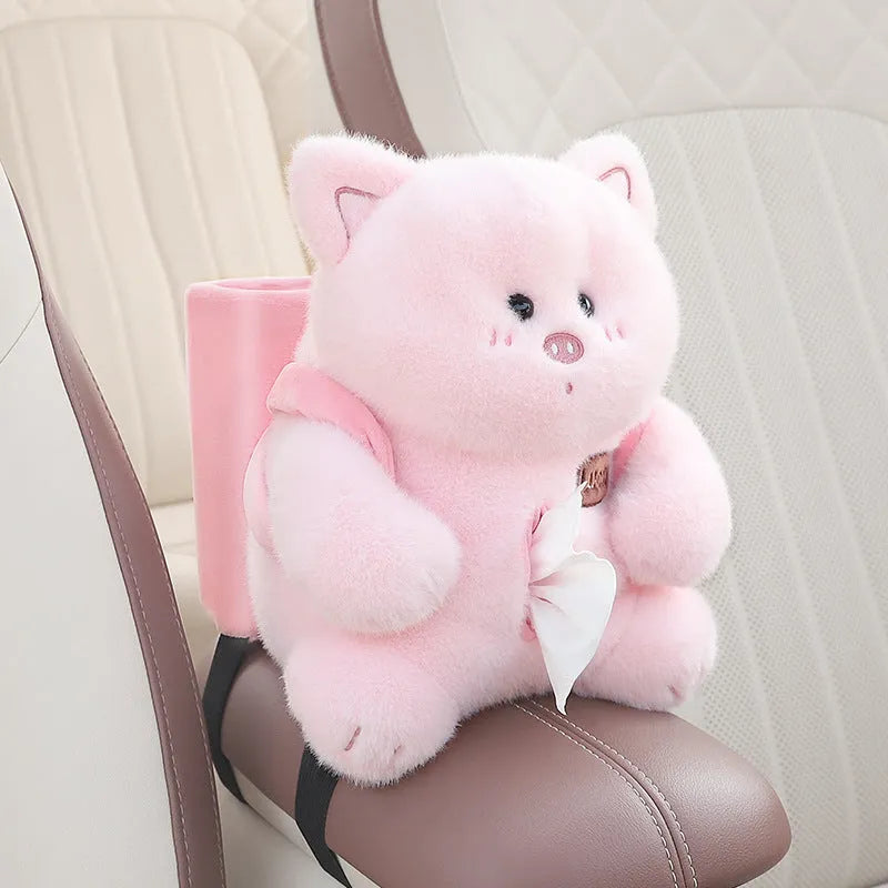 Plush two-in-one car armrest box cover tissue holder and trash can with character design models