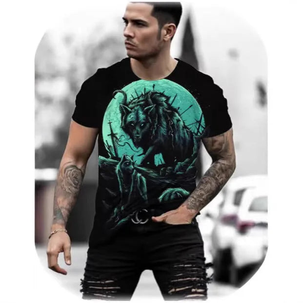 Retro 3D animal graphic printed on a men's grey short-sleeved T-shirt.