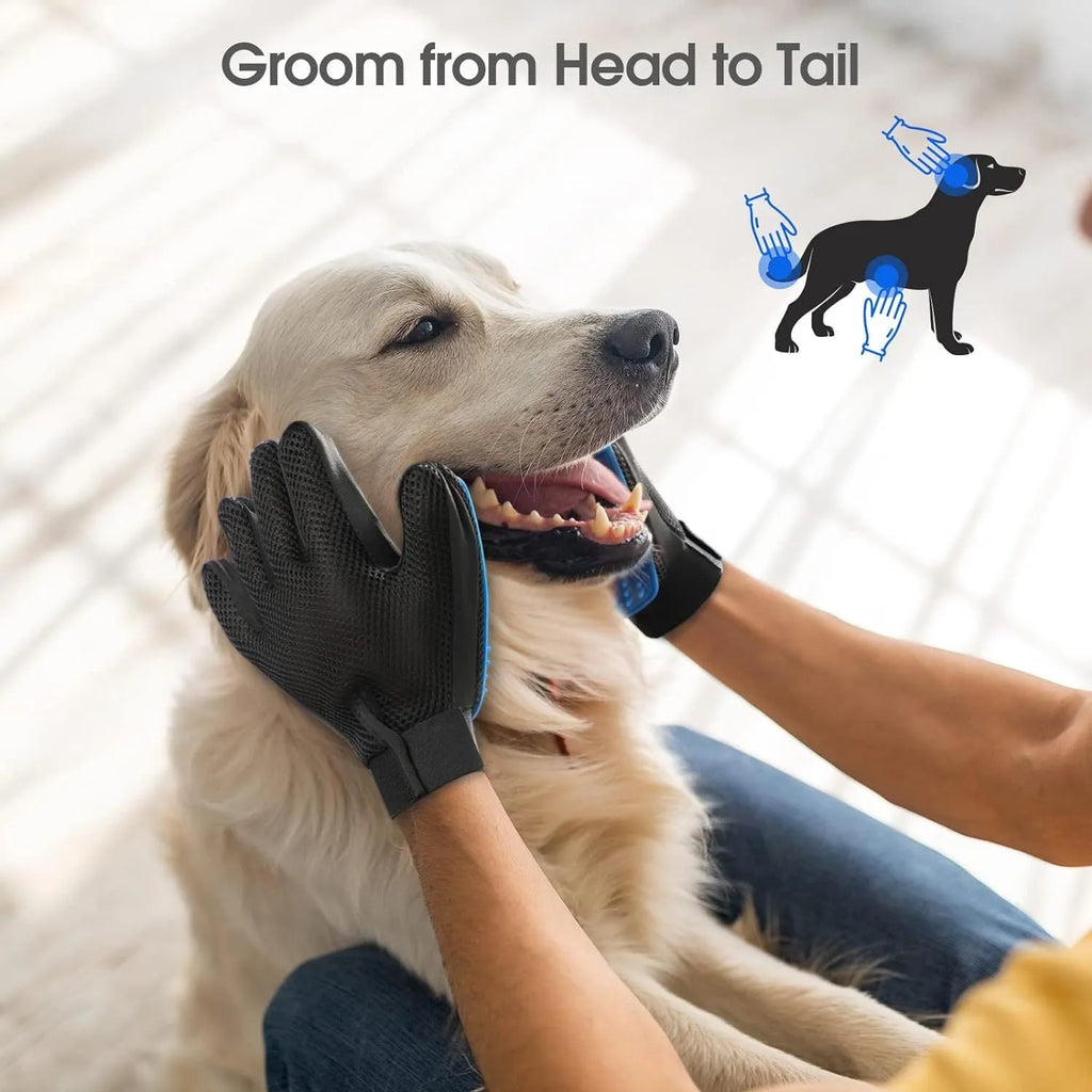 Blue pet grooming gloves with silicone tips for dogs cats horses shedding control