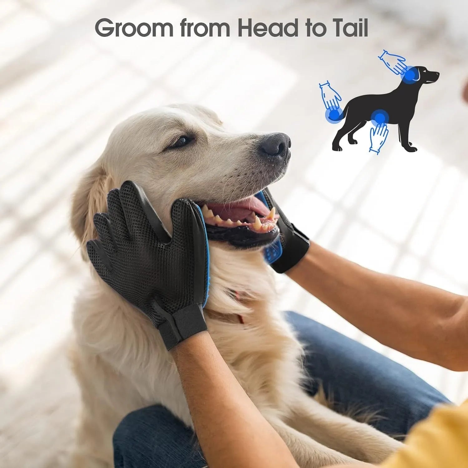 Blue pet grooming gloves with silicone tips for dogs cats horses shedding control