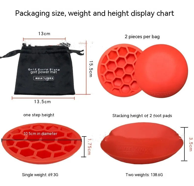 Orange-red golf strength training mat with centre of gravity markings on natural rubber surface