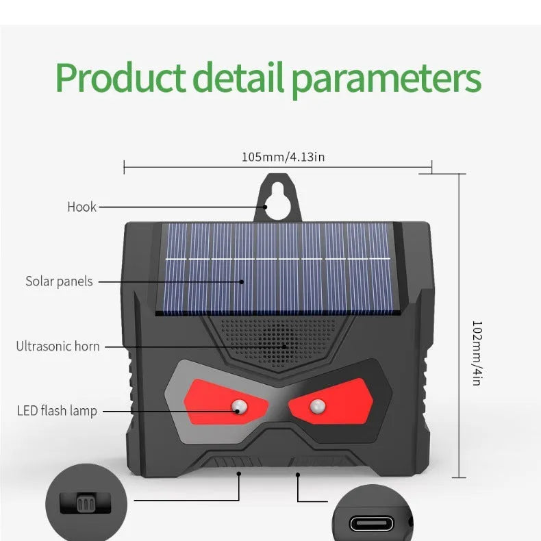 Black solar-powered outdoor ultrasonic animal repeller device for garden pest control