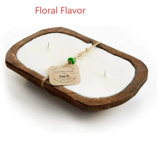 Retro wooden basin aromatherapy candle with three wicks and soy wax in lavender scent