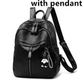Black PU leather student backpack with double straps showing 20-35L capacity and organisational features