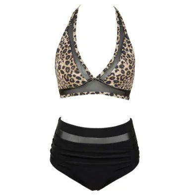 Women's polyester fibre bikini swimsuit in leopard print with separate top and bottom pieces