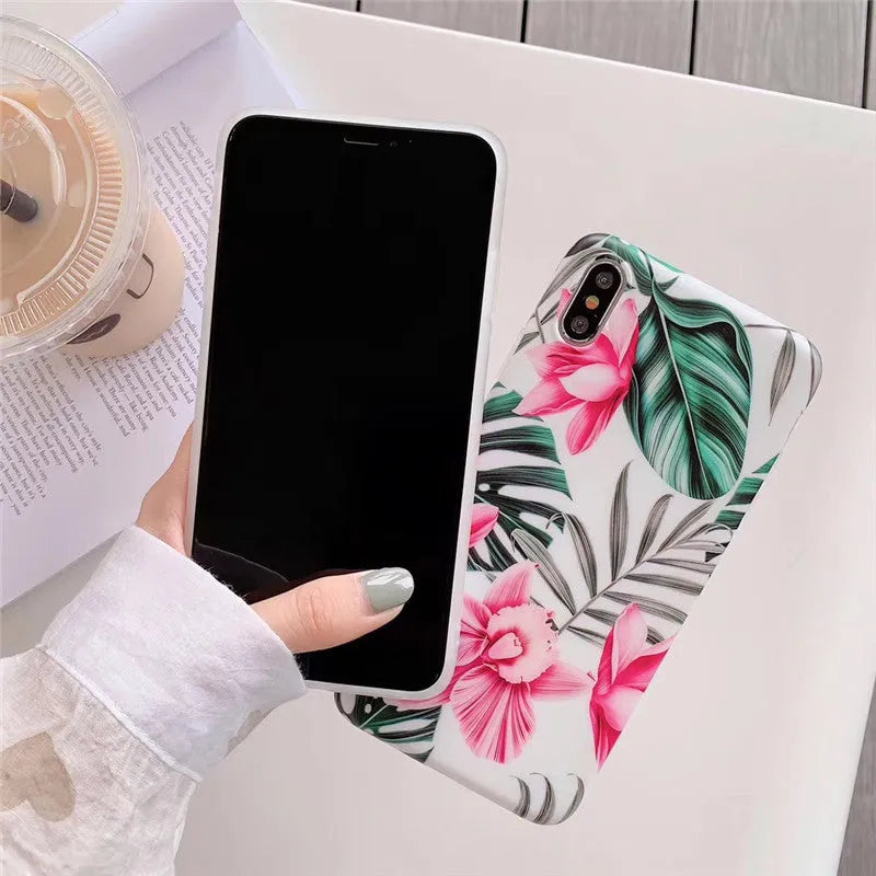 Pink floral pattern TPU iPhone case back cover showing flower design